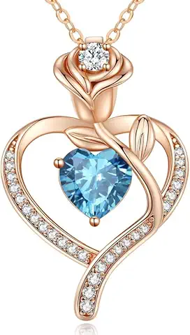 Rose Flower Sky Blue Heart Birthstone Necklace Gifts for Women, 925 Sterling Silver Fine Jewellery, Pendant Heart Necklace