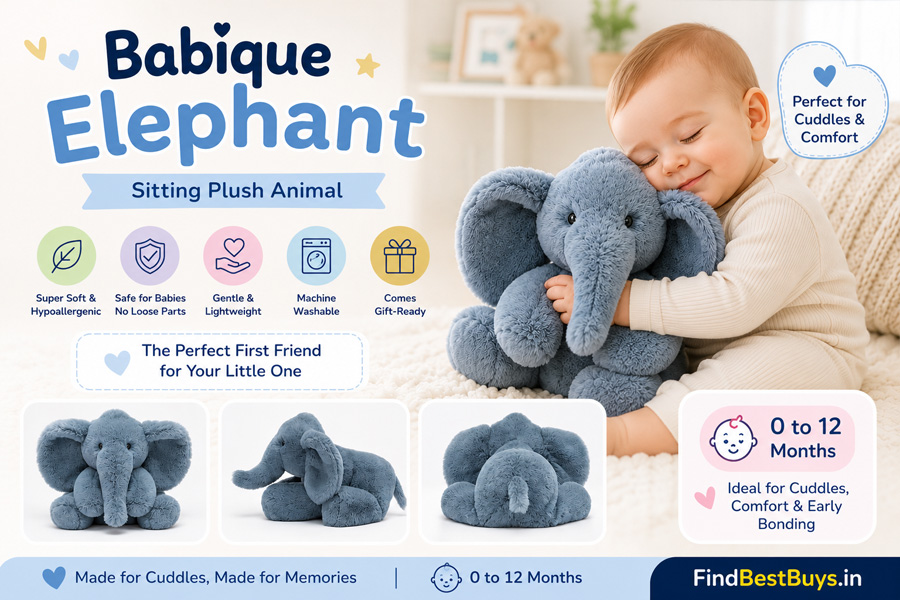 Babique Elephant Sitting Plush Toy for babies 0-12 months- safe hypoallergenic soft toy available on Amazon India - FindBestBuys