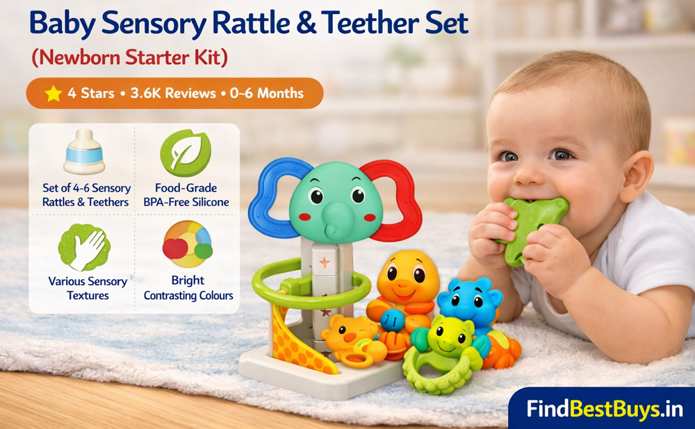 Baby sensory rattle and teether set for newborns 0 to 6 months - BPA free food grade silicone gentle sound high contrast colours available on Amazon India