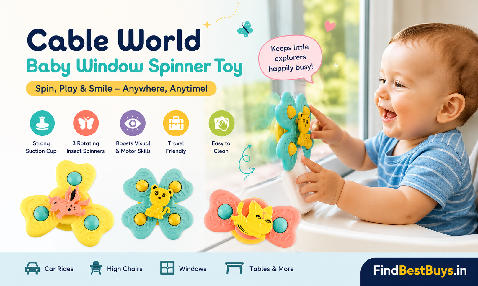 Cable World baby window spinner suction cup toy with 3 rotating insect spinners for infants 3 months plus - travel friendly available on Amazon India