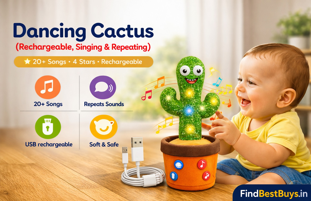 Dancing cactus toy rechargeable USB singing repeating voice recording toy for babies 8 months plus - 20 songs available on Amazon India
