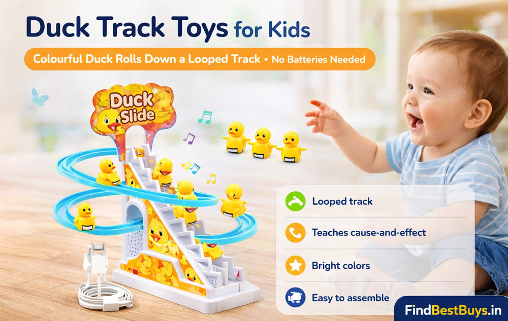 Duck track toy for babies 10 months plus - colourful kinetic cause and effect rolling duck ramp toy available on Amazon India